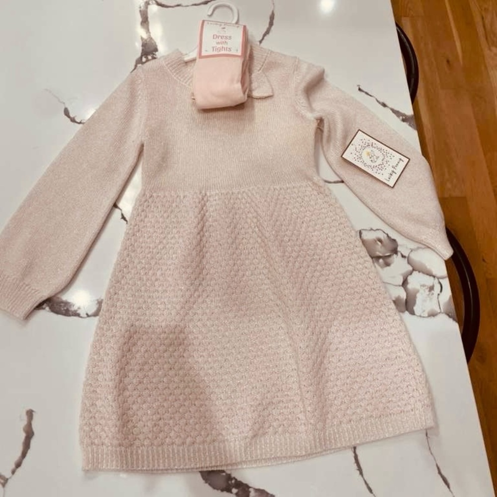 Girls' Soft Pink Knit Dress with Matching Tights